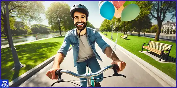 Ciclista ocioso paseando en un entorno urbano y con semblante risueño