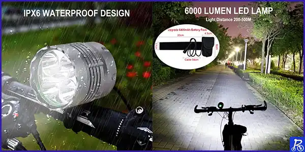 WASAGA - Luces de Bicicleta de 6000 lúmenes 5 LED, luz Delantera de Bicicleta de montaña Impermeable con batería Recargable de 6400 mAh, Faro Delantero de 3 Modos