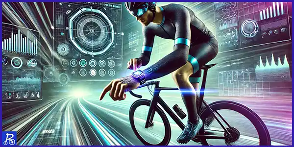 Ciclista de ruta haciendo ajustes en su ciclocomputador sobre la bici de ruta