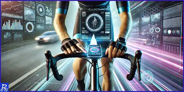 Ciclista de ruta manipulando su ciclocomputador en el manillar