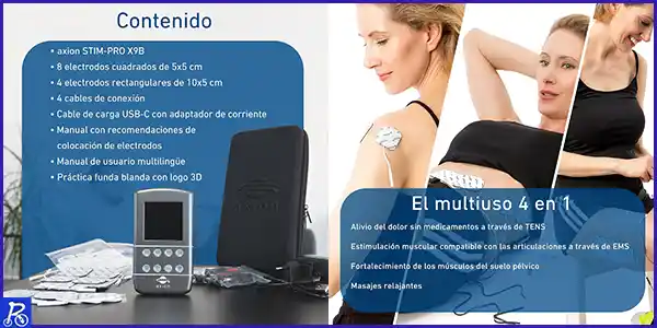 Electroestimulador TENS - EMS STIM-PRO X9B de 4 canales - 4 en 1- Analgésico y alivio del dolor, tonificación muscular, masaje y entrenamiento del suelo pélvico. Con cargador USB-C y 12 electrodos
