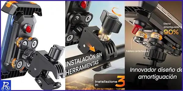 Universal Soporte Móvil Bicicleta Doble Antivibración + Rótula Metálica - 360° Rotación para iPhone 16 15 Pro Max Samsung S24 Ultra