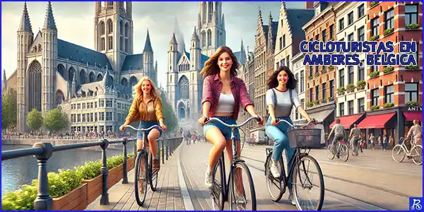 Cicloturistas paseando en Amberes, Bélgica