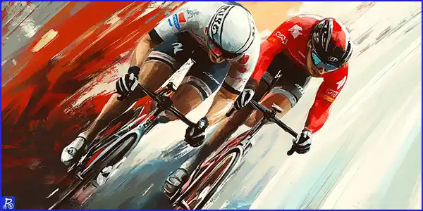 Dos ciclistas de pista atacándose en un peralte de velódromo