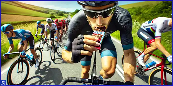 Ciclista comiendo barritas energéticas en una competición ciclista