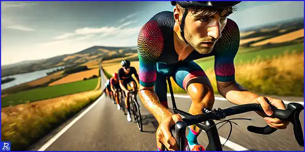 Ciclista pedaleando en pelotón y con cara de esfuerzo y sudando
