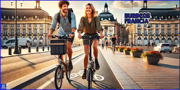 Ciclistas urbanos pedaleando en Burdeos, Francia con monumentos emblemáticos al fondo